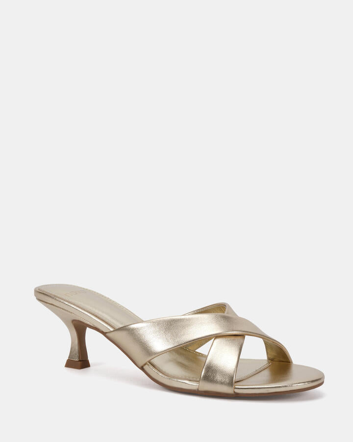 Image of Heels. Product name - Zona Gold Smooth Vegan Heels in Gold Smooth colour by brand - Novo