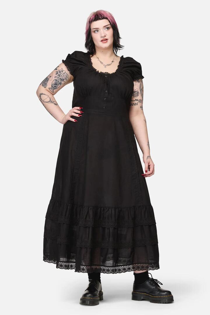 Image of Dresses. Productname: Curve Mischief Lace Trim Midi Dress in Black colour by brand - Dangerfield