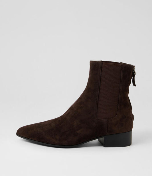 Image of Boots. Product name - Sarloa Dark Choc Suede Ankle Boots in Dk Choc colour by brand - MOLLINI