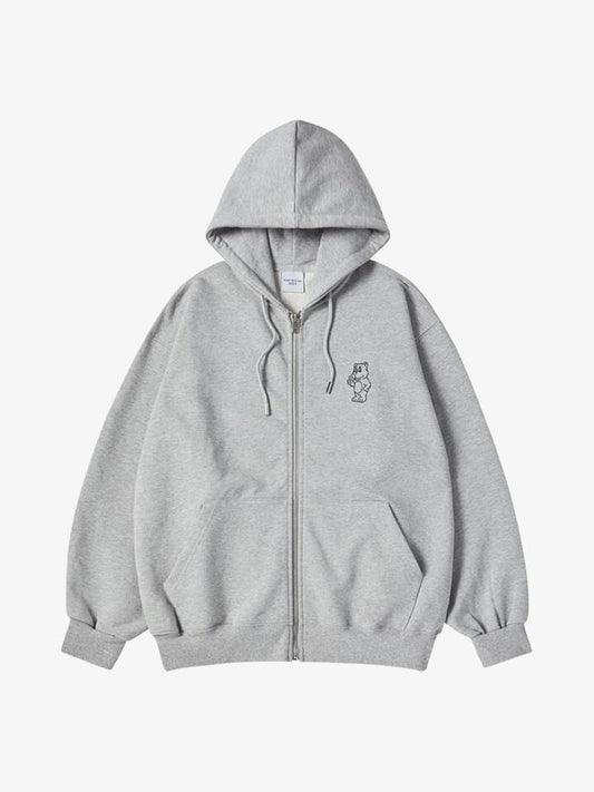 Image of a model wearing Outerwear. Productname: ADLV Basic Ac Bear Hoodie Zip Up in Melange colour by brand - ADLV