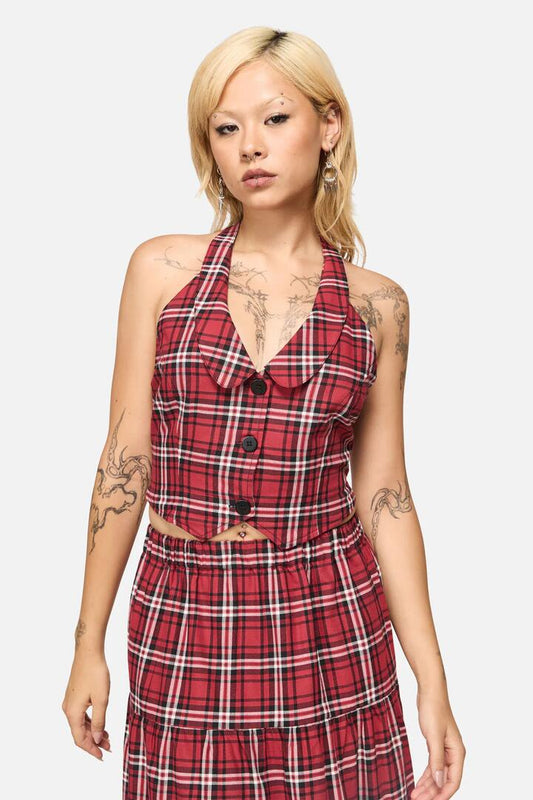 Image of a model wearing Tops. Productname: Louve Tartan Fitted Halter Top in Red colour by brand - Black Friday