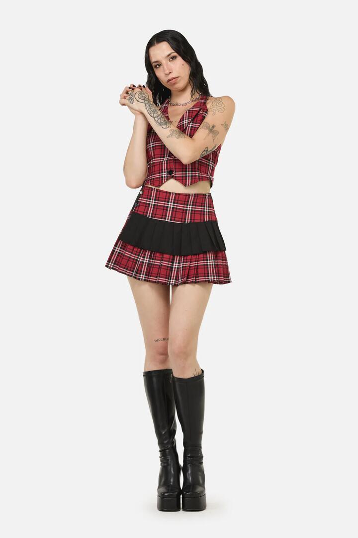 Image of a model wearing Skirts. Productname: Louve Tartan Punk Layer Skirt in Red/Black colour by brand - Black Friday
