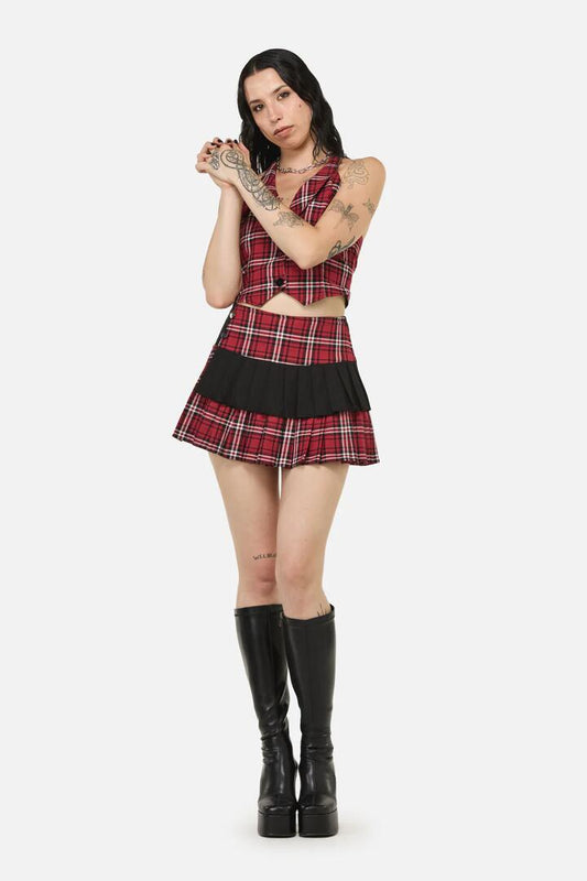 Image of a model wearing Skirts. Productname: Louve Tartan Punk Layer Skirt in Red/Black colour by brand - Black Friday
