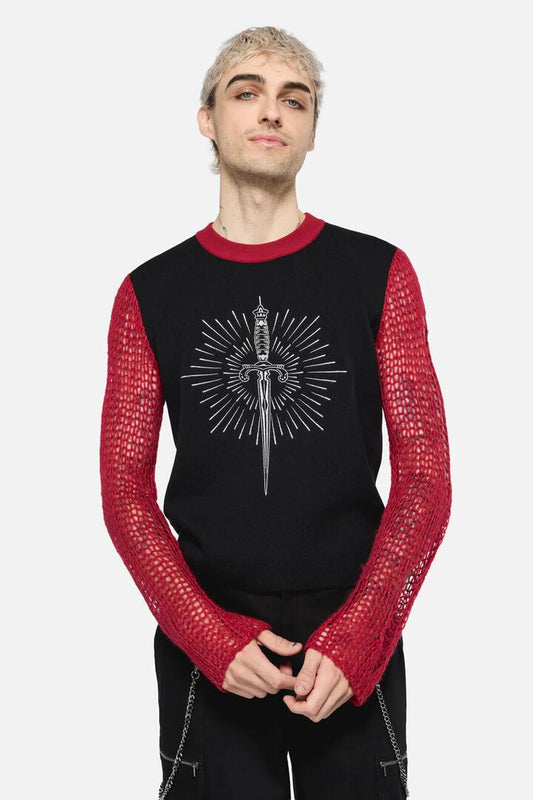 Image of a model wearing Tops. Productname: Dagger Goth Distressed Knit in Black Red colour by brand - Dangerfield