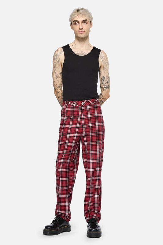 Image of a model wearing Pants. Productname: Louve Tartan Pant in Red colour by brand - Black Friday