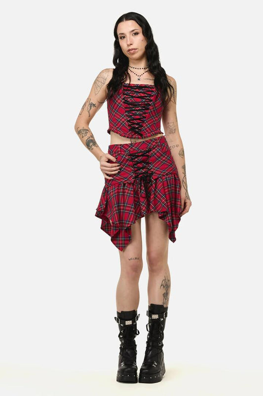 Image of a model wearing Skirts. Productname: Rad Goth Hanky Tartan Skort in Black Red colour by brand - Black Friday