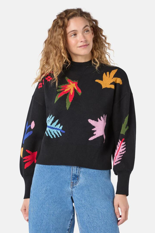Image of a model wearing Outerwear. Product name - Night Garden Motif Jumper in Black colour by brand - Gorman
