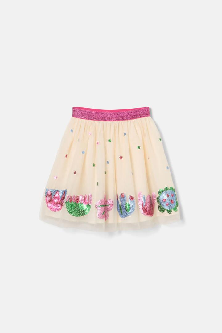 Image of a model wearing Skirts. Product name - Flower Sequins Kids Skirt in Cream colour by brand - Gorman