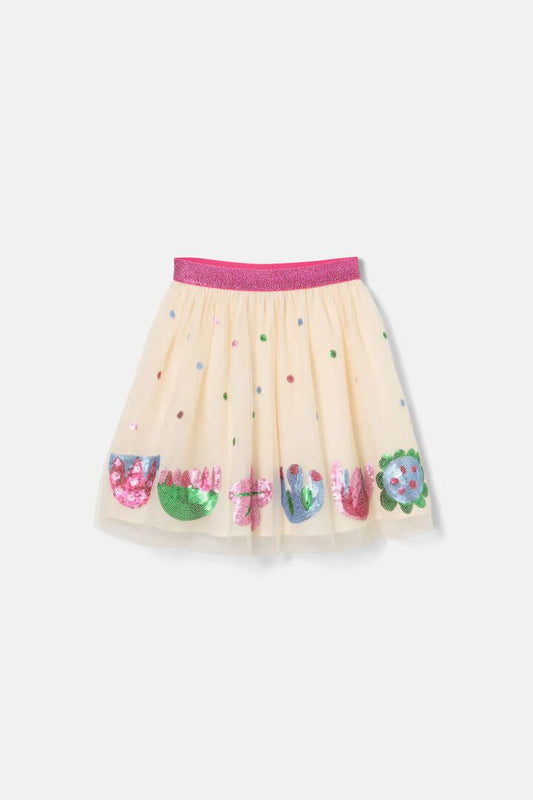 Image of a model wearing Skirts. Product name - Flower Sequins Kids Skirt in Cream colour by brand - Gorman