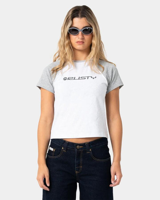 Image of T-Shirts. Product name - Rusty Womens Archived Raglan Baby T-Shirt Ecru Marle / Grey in Ecru Marle / Grey colour by brand - Rusty