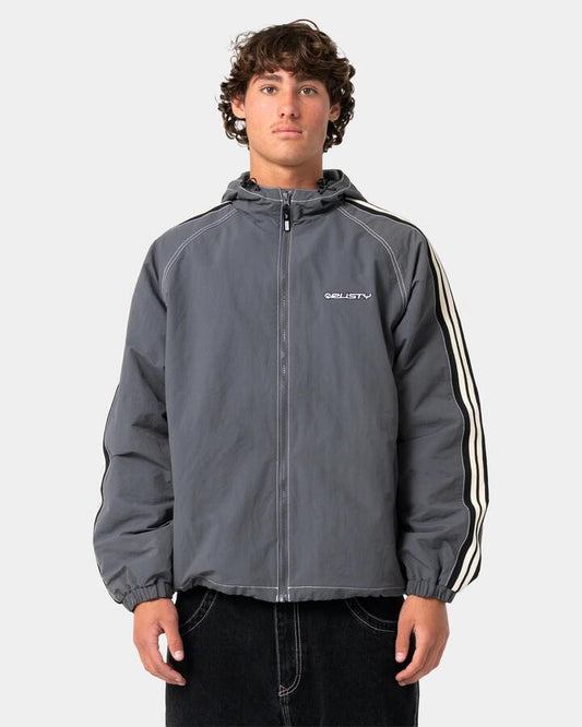 Image of a model wearing Outerwear. Product name - Rusty Mens Lock Out Zip Up Hoodie Steel Blue in Steel Blue colour by brand - Rusty