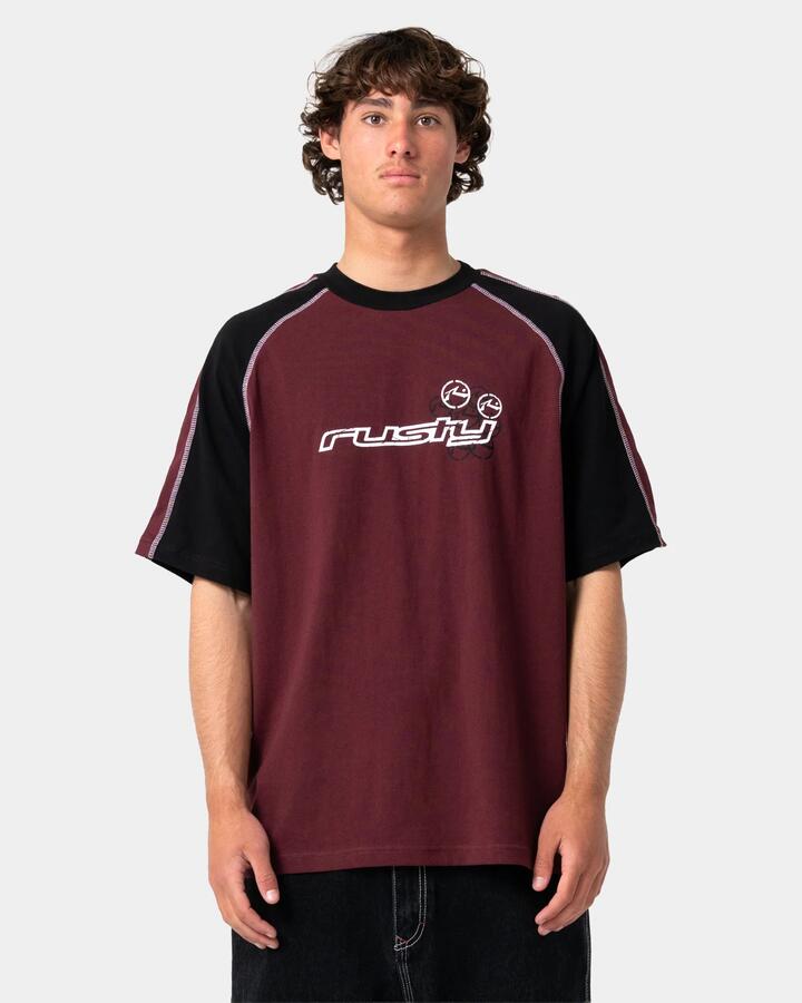 Image of T-Shirts. Product name - Rusty Mens Omac T-Shirt Burgundy in Burgundy colour by brand - Rusty