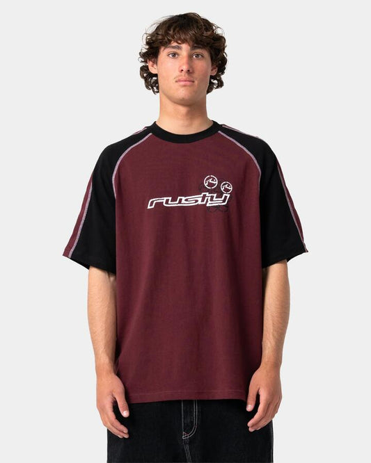 Image of T-Shirts. Product name - Rusty Mens Omac T-Shirt Burgundy in Burgundy colour by brand - Rusty