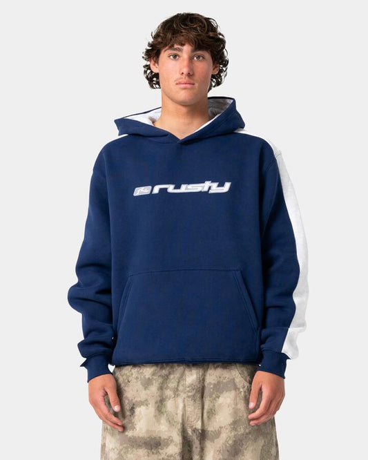 Image of a model wearing Outerwear. Product name - Rusty Mens 2K Sing 2.0 Pullover Hoodie Dark Blue in Dark Blue colour by brand - Rusty