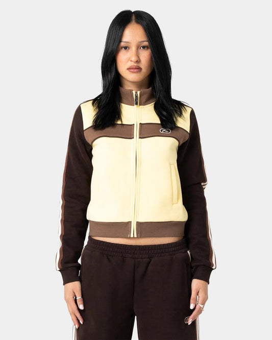 Image of a model wearing Outerwear. Product name - Rusty Womens Toffee Fleece Jacket Pale Banana in Pale Banana colour by brand - Rusty
