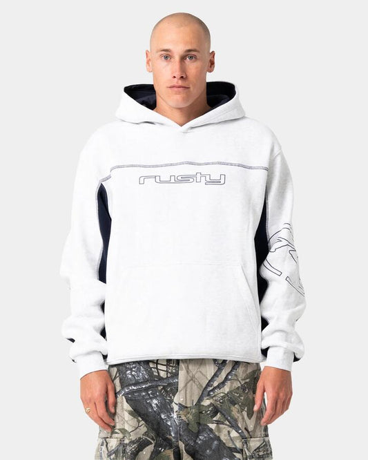 Image of a model wearing Outerwear. Product name - Rusty Mens Titan Pullover Hoodie Ecru Marle in Ecru Marle colour by brand - Rusty
