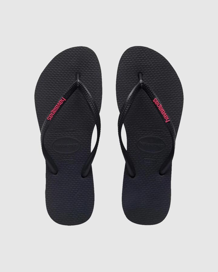 Image of Sandals. Product name - Havaianas Slim Rubber Logo Pink Thongs Black Neon Pink in Black Neon Pink colour by brand - Havaianas