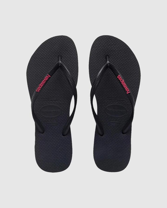 Image of Sandals. Product name - Havaianas Slim Rubber Logo Pink Thongs Black Neon Pink in Black Neon Pink colour by brand - Havaianas