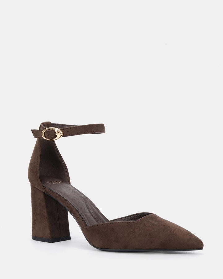 Image of Heels. Product name - Ivanka Espresso Suede Vegan Heels in Espresso Suede colour by brand - Novo
