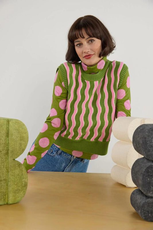 Image of Coats & Jackets. Product name - Wavy Baby Crochet Vest in Multi colour by brand - Gorman