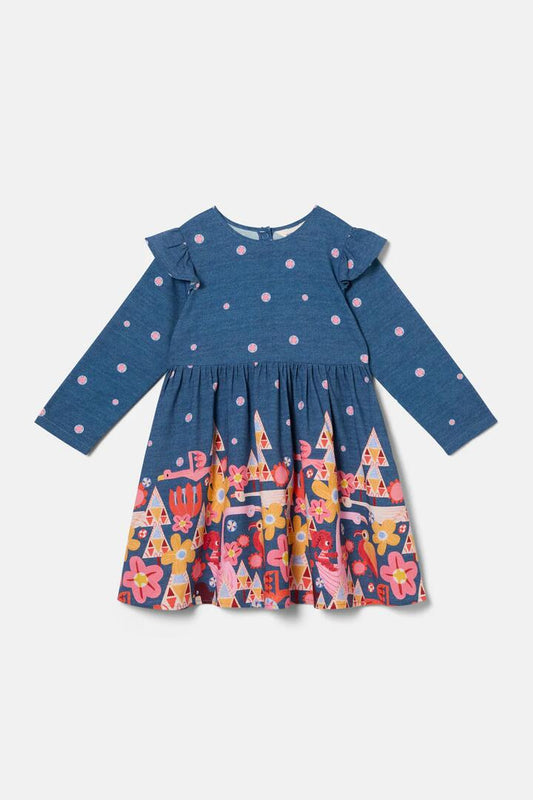 Image of Dresses. Product name - Funky Birds Border Kids Dress in Navy colour by brand - Gorman