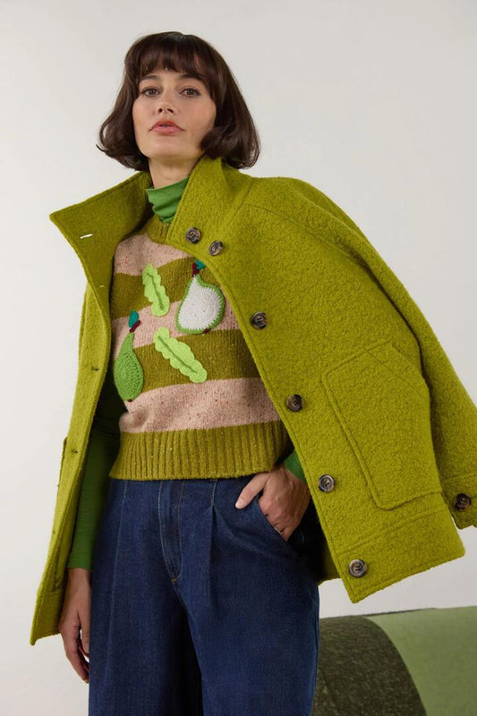 Image of a model wearing Outerwear. Product name - Zoe Wool Coat in Light Green colour by brand - Gorman