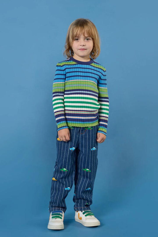 Image of a model wearing Tops. Product name - Retro Stripes Rib Knit Top in Red colour by brand - Gorman