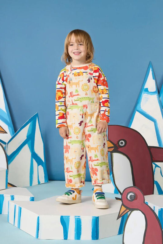 Image of a model wearing Pants. Product name - Animals Kids Overalls in Oatmeal colour by brand - Gorman