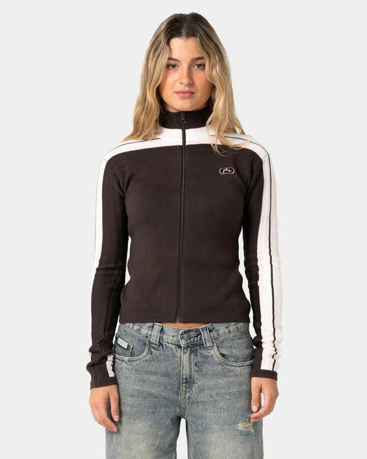 Image of Coats & Jackets. Product name - Rusty Womens Daddy Gb Zip Through Knit Jacket Java in Java colour by brand - Rusty