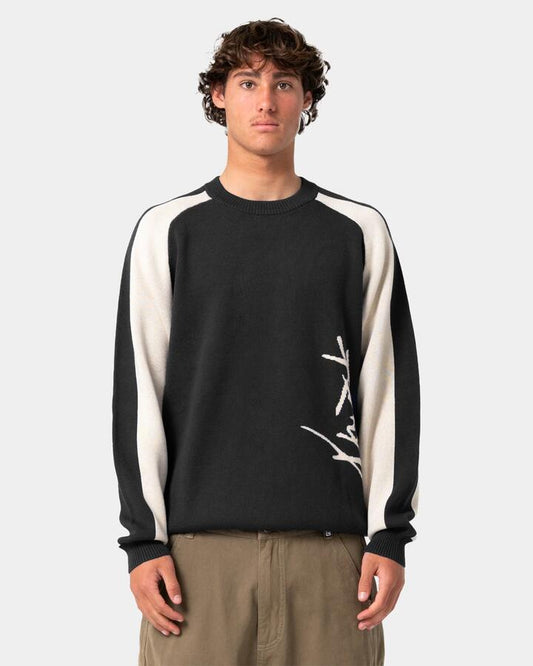 Image of Accessories. Product name - Rusty Mens Roll Safe Boxy Knitted Crew Neck Black Marle in Black Marle colour by brand - Rusty