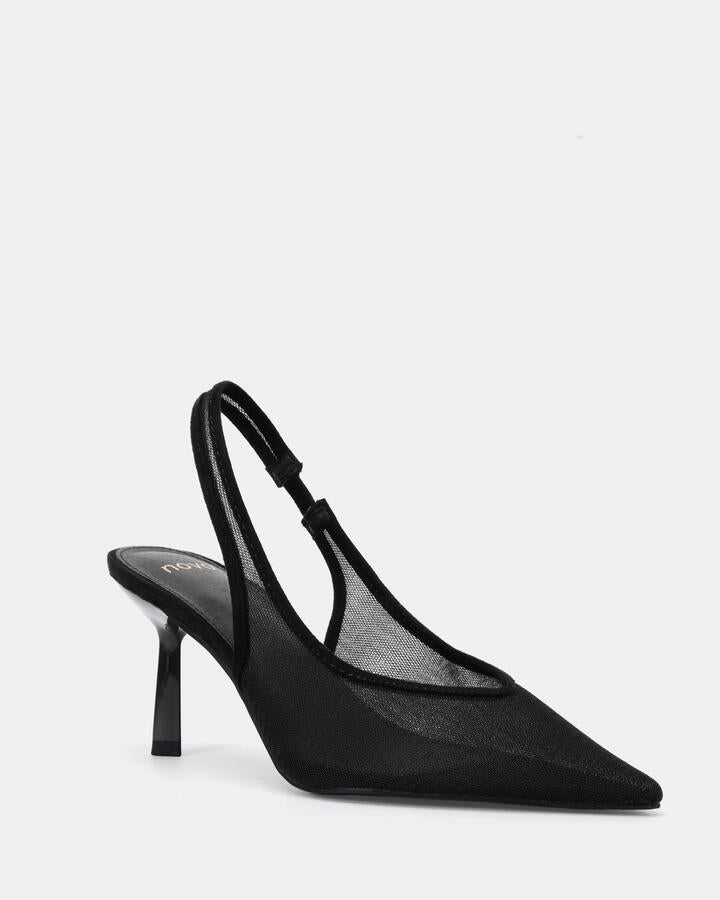 Image of Heels. Product name - Iraya Black Mesh Vegan Heels in Black colour by brand - Novo