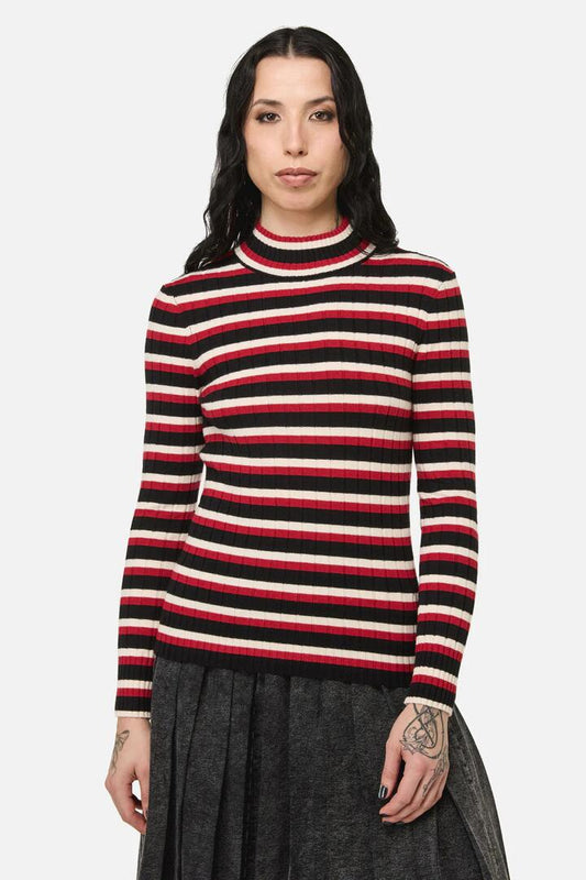 Image of a model wearing Tops. Productname: Death Goth Stripe Knit in Multi colour by brand - Black Friday