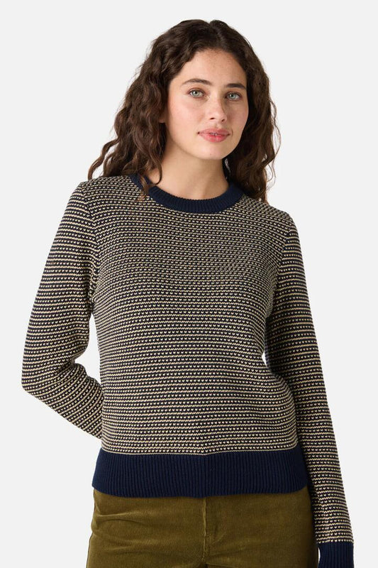Image of a model wearing Outerwear. Product name - Riley Vintage Knit Jumper in Rust colour by brand - Princess Highway