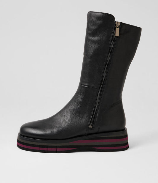 Image of Boots. Product name - Goalie Black Gry Burgundy Multi Leather Calf Boots in Black-Gry&Burgundy Multi colour by brand - MIDAS