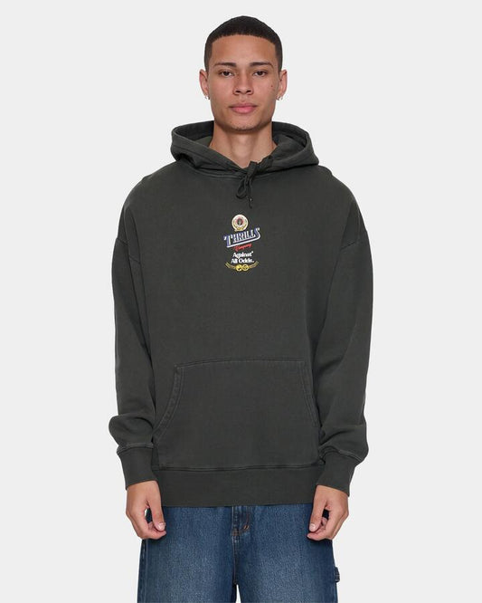 Image of a model wearing Outerwear. Product name - Thrills Mens Against All Odds Slouch Pullover Hoodie Oil Green in Oil Green colour by brand - Thrills