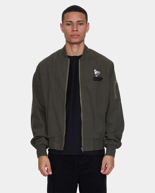 Image of a model wearing Outerwear. Product name - Thrills Mens Rose Brigade Bomber Jacket Olive Night in Olive Night colour by brand - Thrills