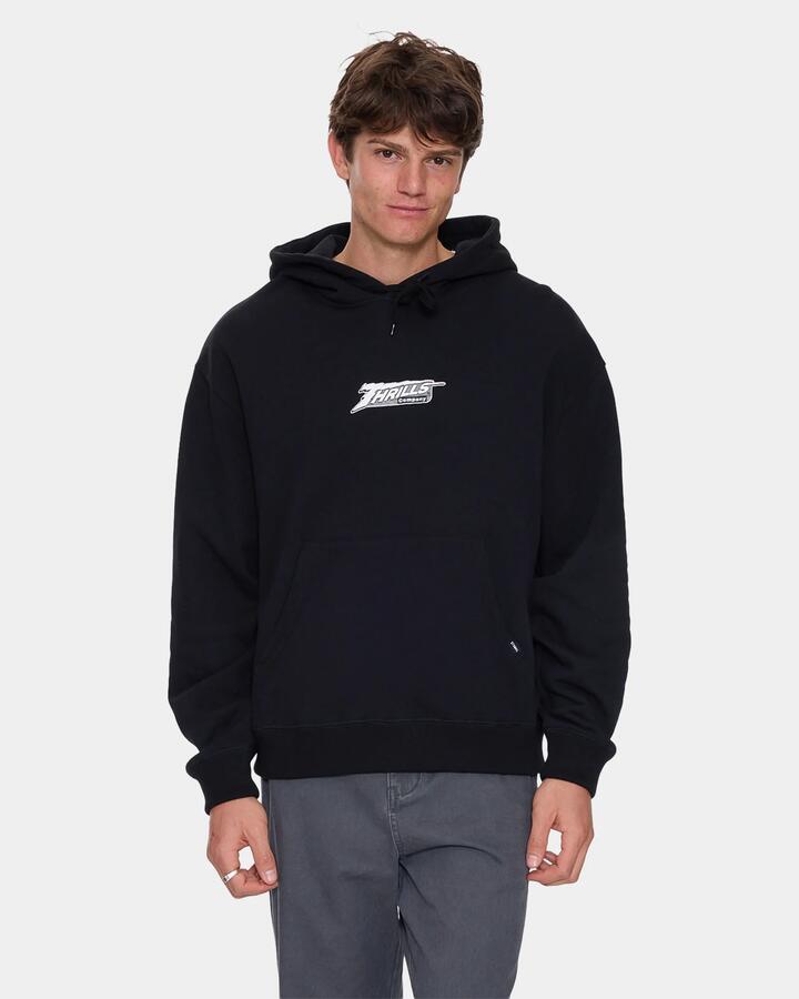 Image of a model wearing Outerwear. Product name - Thrills Mens Heavy Voltage Slouch Cropped Pullover Hoodie Black in Black colour by brand - Thrills
