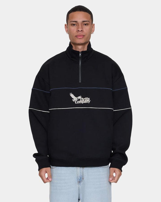Image of a model wearing Outerwear. Product name - Thrills Mens Between Chaos & Calm Quarter Zip Fleece Jumper Black in Black colour by brand - Thrills