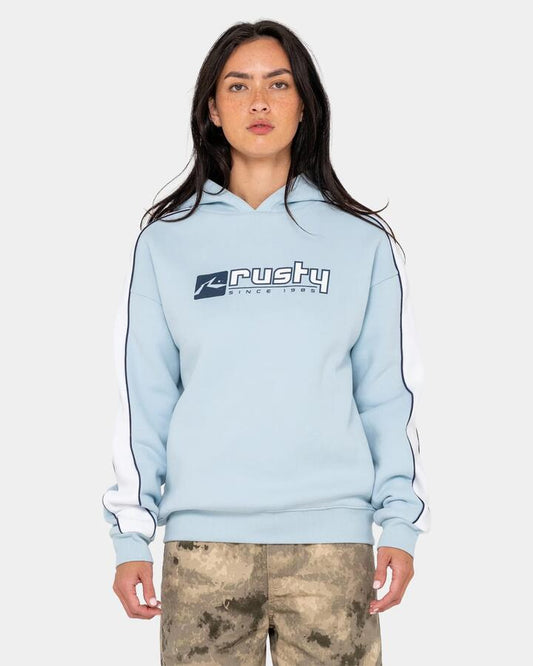 Image of a model wearing Outerwear. Product name - Rusty Womens Hailstone Oversized Pullover Hoodie Retro Blue in Retro Blue colour by brand - Rusty