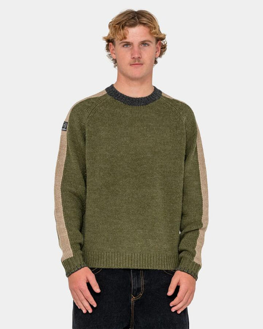 Image of Accessories. Product name - Rusty Mens Fishermans Boxy Knitted Crew Neck Shadow Army in Shadow Army colour by brand - Rusty