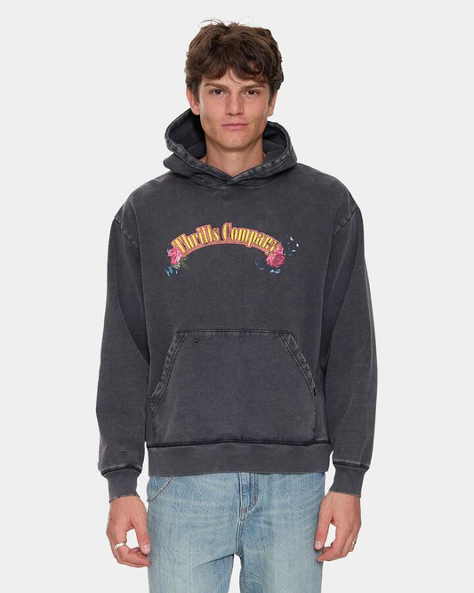 Image of a model wearing Outerwear. Product name - Thrills Mens Fury Slouch Cropped Pullover Hoodie Temple Grey in Temple Grey colour by brand - Thrills