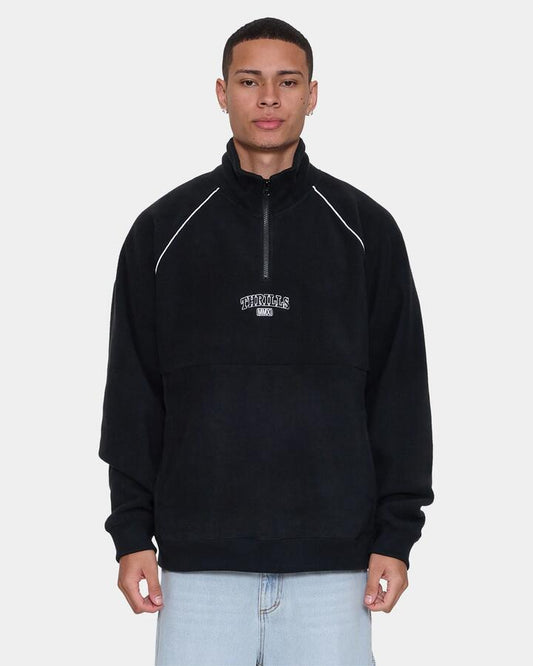 Image of a model wearing Outerwear. Product name - Thrills Mens Thrill Of Victory Raglan Quarter Zip Fleece Jumper Faded Black in Faded Black colour by brand - Thrills