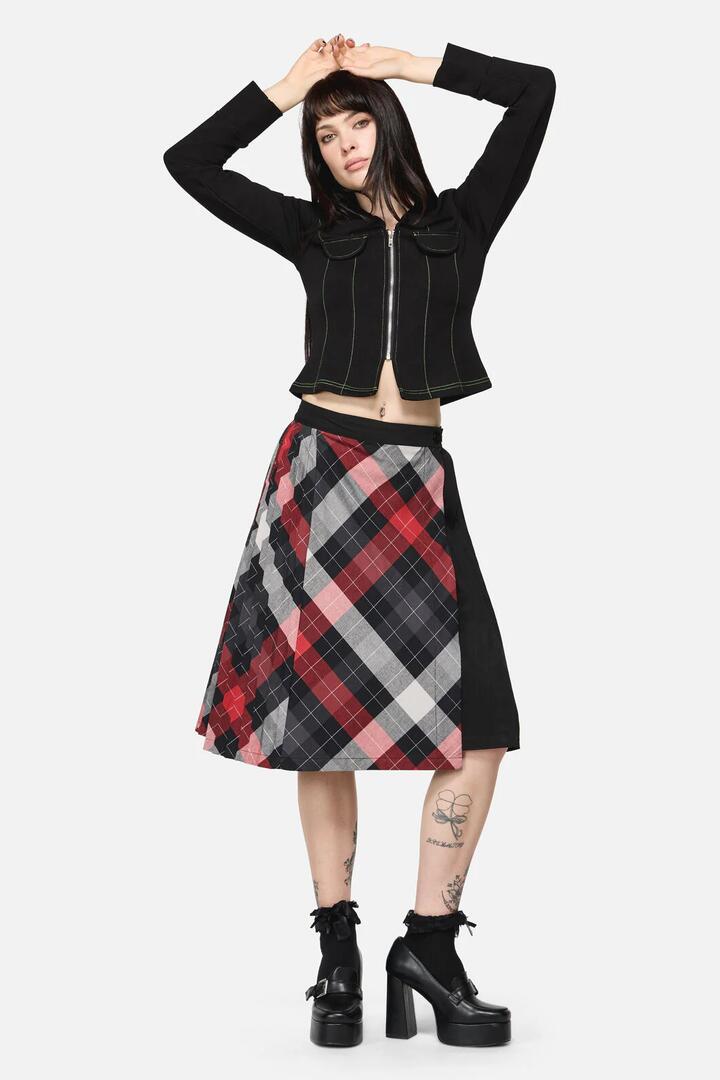 Image of a model wearing Skirts. Productname: Trickster Goth Midi Skirt in Multi colour by brand - Dangerfield