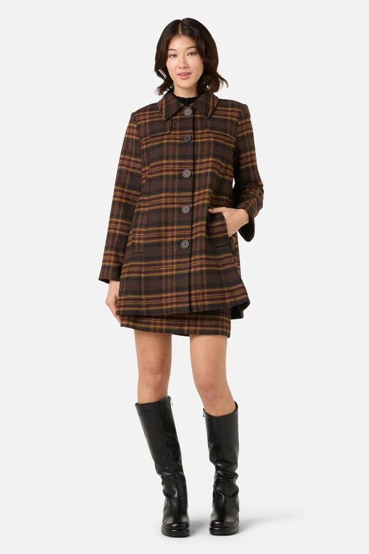 Image of a model wearing Outerwear. Productname: Wilma Check Coat in Chocolate colour by brand - Princess Highway