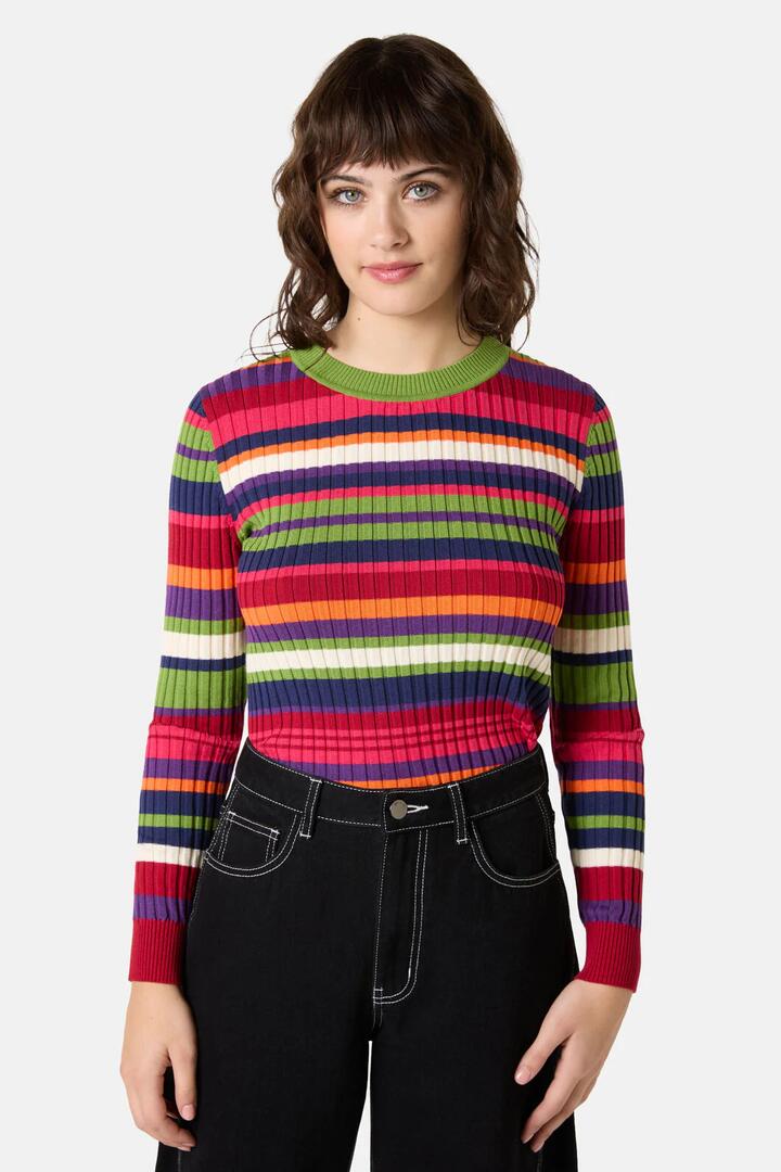 Image of a model wearing Tops. Product name - Stripe Tease Knit Top in Stripe colour by brand - Gorman
