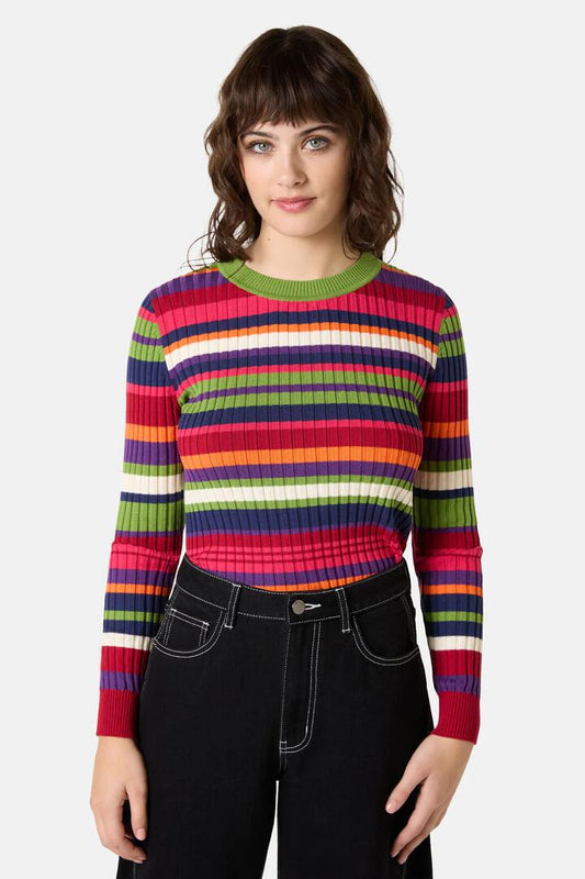 Image of a model wearing Tops. Product name - Stripe Tease Knit Top in Stripe colour by brand - Gorman