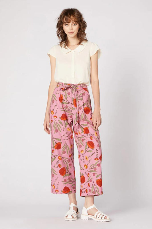 Image of a model wearing Pants. Productname: Australian Floral Pant in Pink colour by brand - Princess Highway
