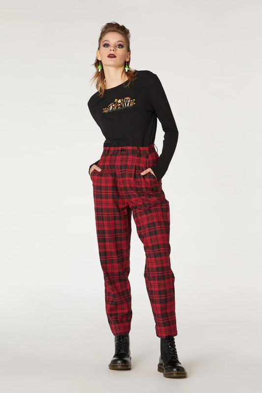 Image of a model wearing Pants. Productname: Escape My Affection Pant in Red colour by brand - Dangerfield
