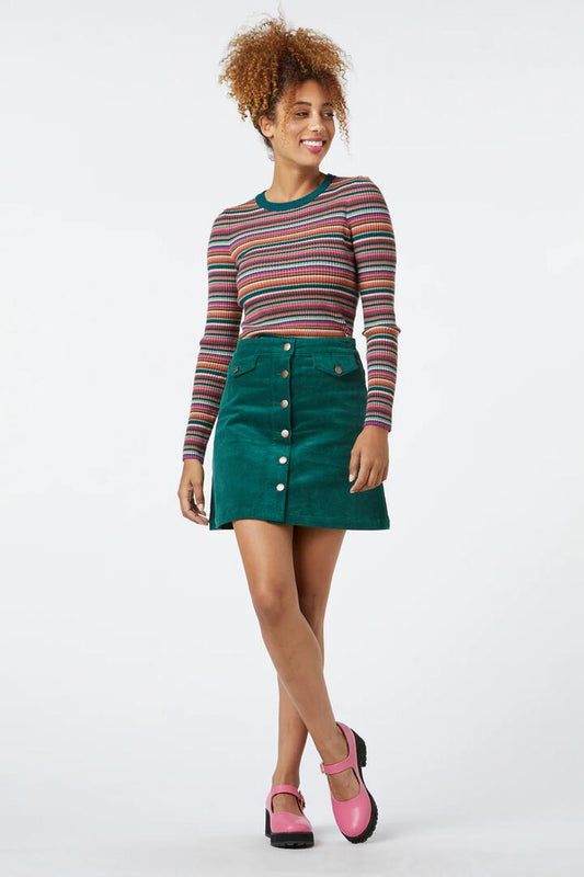 Image of a model wearing Skirts. Productname: Bailey Cord Skirt in Green colour by brand - Princess Highway