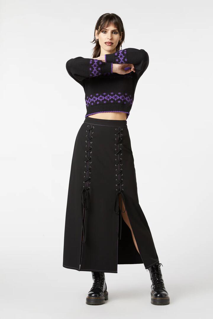 Image of a model wearing Skirts. Productname: Contrast Stitch Midi Split Skirt in Black colour by brand - Dangerfield
